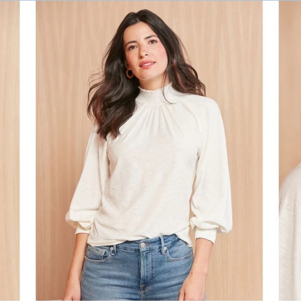 Nation LTD Melanie Smocked Peasant Long Sleeve Tee in Off White XS